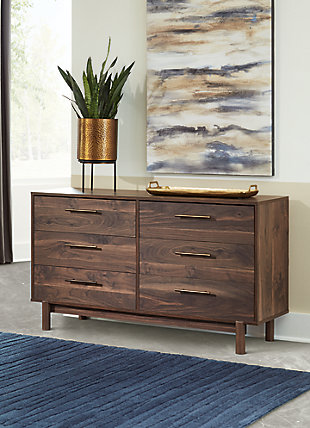 At the intersection of classic cool and chic sophistication you’ll find the Calverson bedroom set. The rich brown finish over replicated walnut wood grain offers an authentic touch that plays well any way you style it. Minimal yet elegant in its design, this set keeps your home decor grounded while elevating your modern style.Includes queen platform bed (does not include headboard), 6-drawer dresser and 3-drawer chest | Made with engineered wood (MDF/particleboard) and decorative laminate | Rich brown finish over replicated walnut wood grain with authentic touch | Burnished goldtone pulls | Dresser and chest with smooth-gliding drawers; vinyl-wrapped drawer sides and back | Bed does not require a foundation/box spring | Mattress available, sold separately | Safety is a top priority, clothing storage units are designed to meet the most current standard for stability, ASTM F 2057 (ASTM International) | Drawers extend out to accommodate maximum access to drawer interior while maintaining safety | Assembly required | Estimated Assembly Time: 120 Minutes