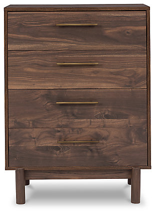 At the intersection of industrial cool and chic sophistication you’ll find the Calverson chest. The rich brown finish over replicated walnut wood grain and burnished goldtone handles offer an authentic touch that plays well any way you style it. Simple and elegant in its design, this piece keeps your home decor grounded while elevating your modern style.Made with engineered wood (MDF/particleboard) and decorative laminate | Rich brown finish over replicated walnut wood grain with authentic touch | Burnished goldtone pulls | 4 smooth-gliding drawers | Vinyl wrapped drawer sides and back for extra durability | Safety is a top priority, clothing storage units are designed to meet the most current standard for stability, ASTM F 2057 (ASTM International) | Drawers extend out to accommodate maximum access to drawer interior while maintaining safety | Assembly required | Estimated Assembly Time: 40 Minutes