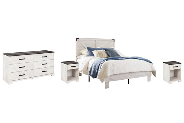 Give provincial a new meaning with the chic look of the Shawburn bedroom set. Its two-tone finish keeps it light and fresh, while the warm pewter-tone hardware adds an industrial touch. The set adds a delightfully homespun charm to your space.Includes panel platform bed (headboard and platform bed), two 1-drawer nightstands and 6-drawer dresser  | Made with engineered wood (MDF/particleboard) and decorative laminate | Whitewash replicated worn through pains | Dresser and nightstand tops with rustic gray planked replicated oak grain with authentic touch | Pewter-tone pulls | Dresser and nightstand with smooth-gliding drawers; vinyl-wrapped drawer sides and back for extra durability | Nightstand with open cubby | Bed does not require a foundation/box spring | Mattress available, sold separately | Safety is a top priority, clothing storage units are designed to meet the most current standard for stability, ASTM F 2057 (ASTM International) | Drawers extend out to accommodate maximum access to drawer interior while maintaining safety | Assembly required | Estimated Assembly Time: 145 Minutes