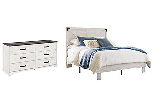 Give provincial a new meaning with the chic look of the Shawburn bedroom set. Its two-tone finish keeps it light and fresh, while the warm pewter-tone hardware adds an industrial touch. The set adds a delightfully homespun charm to your space.Includes panel platform bed (headboard and platform bed) and 6-drawer dresser   | Made with engineered wood (MDF/particleboard) and decorative laminate | Whitewash replicated worn through pains | Dresser top with rustic gray planked replicated oak grain with authentic touch | Pewter-tone pulls | Dresser with smooth-gliding drawers; vinyl-wrapped drawer sides and back for extra durability | Bed does not require a foundation/box spring | Mattress available, sold separately | Safety is a top priority, clothing storage units are designed to meet the most current standard for stability, ASTM F 2057 (ASTM International) | Drawers extend out to accommodate maximum access to drawer interior while maintaining safety | Assembly required | Estimated Assembly Time: 105 Minutes