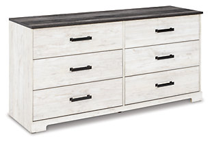 Give provincial a new meaning with the chic look of the Shawburn bedroom set. Its two-tone finish keeps it light and fresh, while the warm pewter-tone hardware adds an industrial touch. The set adds a delightfully homespun charm to your space.Includes panel platform bed (headboard and platform bed) and 6-drawer dresser   | Made with engineered wood (MDF/particleboard) and decorative laminate | Whitewash replicated worn through pains | Dresser top with rustic gray planked replicated oak grain with authentic touch | Pewter-tone pulls | Dresser with smooth-gliding drawers; vinyl-wrapped drawer sides and back for extra durability | Bed does not require a foundation/box spring | Mattress available, sold separately | Safety is a top priority, clothing storage units are designed to meet the most current standard for stability, ASTM F 2057 (ASTM International) | Drawers extend out to accommodate maximum access to drawer interior while maintaining safety | Assembly required | Estimated Assembly Time: 105 Minutes