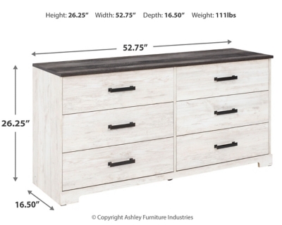 Give provincial a new meaning with the chic look of the Shawburn dresser. The two-tone finish keeps this piece light and fresh while the warm pewter-tone hardware adds an industrial touch. The distressed whitewashed body adds a delightfully homespun charm to your space.Made with engineered wood (MDF/particleboard) and decorative laminate | Whitewash replicated worn through paint | Top with rustic gray planked replicated oak grain with authentic touch | Pewter-tone pulls | 6 smooth-gliding drawers | Vinyl wrapped drawer sides and back for extra durability | Safety is a top priority, clothing storage units are designed to meet the most current standard for stability, ASTM F 2057 (ASTM International) | Drawers extend out to accommodate maximum access to drawer interior while maintaining safety | Assembly required | Estimated Assembly Time: 50 Minutes