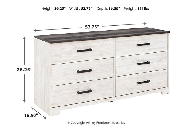 Give provincial a new meaning with the chic look of the Shawburn dresser. The two-tone finish keeps this piece light and fresh while the warm pewter-tone hardware adds an industrial touch. The distressed whitewashed body adds a delightfully homespun charm to your space.Made of engineered wood and decorative laminate | Whitewash replicated worn through paint | Top with rustic gray planked replicated oak grain with authentic touch | Pewter-tone pulls | 6 smooth-gliding drawers | Vinyl wrapped drawer sides and back for extra durability | Safety is a top priority, clothing storage units are designed to meet the most current standard for stability, ASTM F 2057 (ASTM International) | Drawers extend out to accommodate maximum access to drawer interior while maintaining safety | Assembly required | Estimated Assembly Time: 50 Minutes