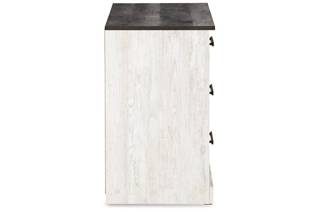 Give provincial a new meaning with the chic look of the Shawburn three-drawer chest. The two-tone finish keeps this piece light and fresh while the warm pewter-tone hardware adds an industrial touch. The distressed whitewashed body adds a delightfully homespun charm to your space.Made of engineered wood and decorative laminate | Whitewash replicated worn through paint | Top with rustic gray planked replicated oak grain with authentic touch | Pewter-tone pulls | 3 smooth-gliding drawers | Vinyl wrapped drawer sides and back for extra durability | Safety is a top priority, clothing storage units are designed to meet the most current standard for stability, ASTM F 2057 (ASTM International) | Drawers extend out to accommodate maximum access to drawer interior while maintaining safety | Assembly required | Estimated Assembly Time: 25 Minutes