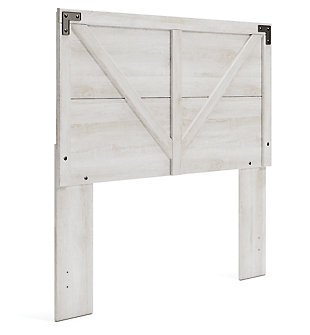 Give provincial a new meaning with the chic look of the Shawburn full panel headboard. The white wash distressed finish keeps this piece light and fresh while the warm pewter-tone hardware adds an industrial touch. The panel headboard with crossbuck detail adds a delightfully homespun charm to your space.Headboard only | Made with engineered wood (MDF/particleboard) and decorative laminate | Whitewash replicated worn through paint | Hardware not included | ¼" bolts are needed to attach headboard to your existing metal bed frame | Assembly required | Estimated Assembly Time: 20 Minutes