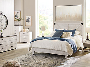 Give provincial a new meaning with the chic look of the Shawburn queen crossbuck panel platform bed. The worn whitewash finish keeps this piece light and fresh while the warm pewter-tone hardware adds an industrial touch. The panel headboard with crossbuck detail adds a delightfully homespun charm to your space. Best of all, our innovative bed-in-a-box shipping system delivers your new bed right to the door.Complete queen bed in a box | Includes headboard and platform bed | Made of engineered wood (MDF/particleboard) and decorative laminate | Whitewash replicated worn through paint | Bed does not require additional foundation/box spring | Mattress available, sold separately | Assembly required | Estimated Assembly Time: 55 Minutes