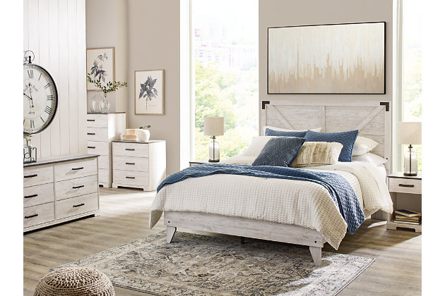 Give provincial a new meaning with the chic look of the Shawburn queen crossbuck panel platform bed. The worn whitewash finish keeps this piece light and fresh while the warm pewter-tone hardware adds an industrial touch. The panel headboard with crossbuck detail adds a delightfully homespun charm to your space. Best of all, our innovative bed-in-a-box shipping system delivers your new bed right to the door.Complete queen bed in a box | Includes headboard and platform bed | Made of engineered wood and decorative laminate | Whitewash replicated worn through paint | Bed does not require additional foundation/box spring | Mattress available, sold separately | Assembly required | Estimated Assembly Time: 55 Minutes