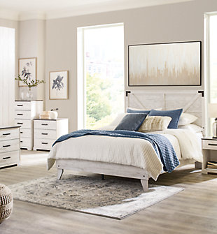 Give provincial a new meaning with the chic look of the Shawburn queen crossbuck panel platform bed. The worn whitewash finish keeps this piece light and fresh while the warm pewter-tone hardware adds an industrial touch. The panel headboard with crossbuck detail adds a delightfully homespun charm to your space. Best of all, our innovative bed-in-a-box shipping system delivers your new bed right to the door.Complete queen bed in a box | Includes headboard and platform bed | Made of engineered wood and decorative laminate | Whitewash replicated worn through paint | Bed does not require additional foundation/box spring | Mattress available, sold separately | Assembly required | Estimated Assembly Time: 55 Minutes