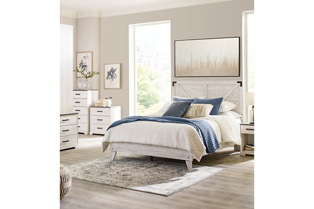 Give provincial a new meaning with the chic look of the Shawburn crossbuck panel platform bed. The worn whitewash finish keeps this piece light and fresh while the warm pewter-tone hardware adds an industrial touch. The panel headboard with crossbuck detail adds a delighty homespun charm to your space. Best of all, our innovative bed-in-a-box shipping system delivers your new bed right to the door.Complete bed in a box | Includes headboard and platform bed | Made of engineered wood (MDF/particleboard) and decorative laminate | Whitewash replicated worn through paint | Bed does not require additional foundation/box spring | Mattress available, sold separately | Assembly required | Estimated Assembly Time: 55 Minutes