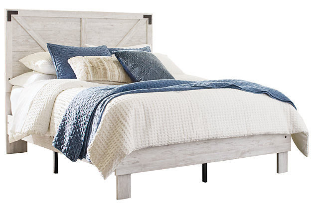 Give provincial a new meaning with the chic look of the Shawburn bedroom set. Its two-tone finish keeps it light and fresh, while the warm pewter-tone hardware adds an industrial touch. The set adds a delightfully homespun charm to your space.Includes panel platform bed (headboard and platform bed), two 1-drawer nightstands and 6-drawer dresser  | Made with engineered wood (MDF/particleboard) and decorative laminate | Whitewash replicated worn through pains | Dresser and nightstand tops with rustic gray planked replicated oak grain with authentic touch | Pewter-tone pulls | Dresser and nightstand with smooth-gliding drawers; vinyl-wrapped drawer sides and back for extra durability | Nightstand with open cubby | Bed does not require a foundation/box spring | Mattress available, sold separately | Safety is a top priority, clothing storage units are designed to meet the most current standard for stability, ASTM F 2057 (ASTM International) | Drawers extend out to accommodate maximum access to drawer interior while maintaining safety | Assembly required | Estimated Assembly Time: 145 Minutes