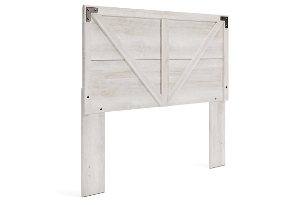 Give provincial a new meaning with the chic look of the Shawburn queen panel headboard. The white wash distressed finish keeps this piece light and fresh while the warm pewter-tone hardware adds an industrial touch. The panel headboard with crossbuck detail adds a delightfully homespun charm to your space.Headboard only | Made with engineered wood (MDF/particleboard) and decorative laminate | Whitewash replicated worn through paint | Hardware not included | ¼" bolts are needed to attach headboard to your existing metal bed frame | Assembly required | Estimated Assembly Time: 20 Minutes