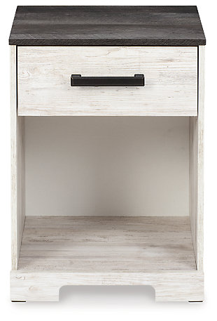 Give provincial a new meaning with the chic look of the Shawburn nightstand. The two-tone finish keeps this piece light and fresh while the warm pewter-tone hardware adds an industrial touch. The open cubby provides display space or accommodates a storage bin to add a delightfully homespun charm to your space.Made with engineered wood (MDF/particleboard) and decorative laminate | Whitewash replicated worn through paint | Top with rustic gray planked replicated oak grain with authentic touch | Pewter-tone pulls | One smooth-gliding drawer | Open storage cubby | Vinyl wrapped drawer sides and back for extra durability | Assembly required | Estimated Assembly Time: 20 Minutes
