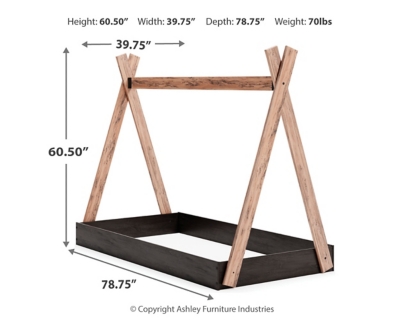 Adventure awaits with the Piperton twin tent complete bed in a box. An effortless blend of simple-yet-contemporary style, it features an expressive two-tone look, with a dark charcoal finish over replicated oak grain with an authentic touch and a replicated sugarberry wood grain. This complete bed in a box requires no additional foundation, making it a functional yet unique addition to your home. Twin complete bed-in-a-box (mattress not included) | Made with engineered wood (MDF/particleboard) and decorative laminate | Two-toned with dark charcoal finish over replicated oak grain and a replicated sugarberry wood grain | Mattress available, sold separately | Bed does not require additional foundation/box spring | Assembly required | Estimated Assembly Time: 22 Minutes