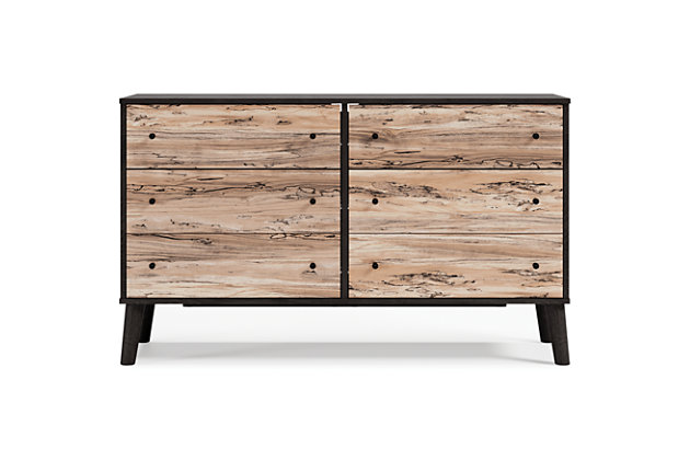 The perfect marriage of simple and contemporary style, the Piperton dresser is a charming addition to your home. An effortless blend of simple-yet-contemporary style, it features an expressive two-tone look, with a dark charcoal finish over replicated oak grain with an authentic touch and a replicated sugarberry wood grain. Ball bearing glides offer smooth opening and closing of the drawers, while matte black knobs and splay legs add a finishing touch. Made of engineered wood and decorative laminate | Two-toned with dark charcoal finish over replicated oak grain and a replicated sugarberry wood grain | 6 smooth-gliding drawers with vinyl-wrapped sides and back | Matte black knobs | Splay legs | Safety is a top priority, clothing storage units are designed to meet the most current standard for stability, ASTM F 2057 (ASTM International) | Drawers extend out to accommodate maximum access while maintaining safety | Assembly required | Estimated Assembly Time: 60 Minutes