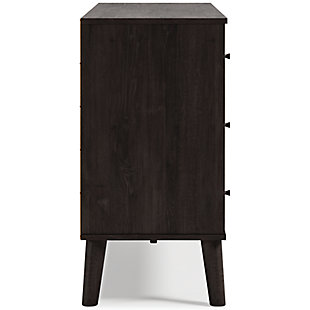 The perfect marriage of simple and contemporary style, the Piperton dresser is a charming addition to your home. An effortless blend of simple-yet-contemporary style, it features an expressive two-tone look, with a dark charcoal finish over replicated oak grain with an authentic touch and a replicated sugarberry wood grain. Ball bearing glides offer smooth opening and closing of the drawers, while matte black knobs and splay legs add a finishing touch. Made of engineered wood and decorative laminate | Two-toned with dark charcoal finish over replicated oak grain and a replicated sugarberry wood grain | 6 smooth-gliding drawers with vinyl-wrapped sides and back | Matte black knobs | Splay legs | Safety is a top priority, clothing storage units are designed to meet the most current standard for stability, ASTM F 2057 (ASTM International) | Drawers extend out to accommodate maximum access while maintaining safety | Assembly required | Estimated Assembly Time: 60 Minutes