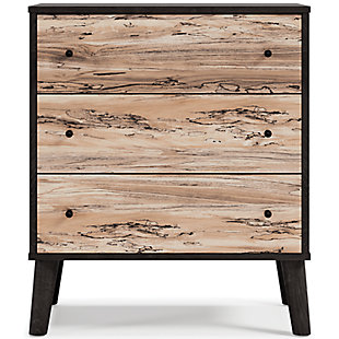 The perfect marriage of simple and contemporary style, the Piperton chest of drawers is a charming addition to your home. It sports an expressive two-tone look, with a dark charcoal finish over replicated oak grain with an authentic touch and a replicated sugarberry wood grain. Ball bearing glides offer smooth opening and closing of the drawers, while matte black knobs and splay legs add a finishing touch.Made of engineered wood (MDF/particleboard) and decorative laminate | Two-toned with dark charcoal finish over replicated oak grain and a replicated sugarberry wood grain | 3 smooth-gliding drawers with vinyl-wrapped sides and back | Matte black knobs | Splay legs | Safety is a top priority, clothing storage units are designed to meet the most current standard for stability, ASTM F 2057 (ASTM International) | Drawers extend out to accommodate maximum access while maintaining safety | Assembly required | Estimated Assembly Time: 45 Minutes