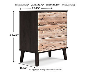 The perfect marriage of simple and contemporary style, the Piperton chest of drawers is a charming addition to your home. It sports an expressive two-tone look, with a dark charcoal finish over replicated oak grain with an authentic touch and a replicated sugarberry wood grain. Ball bearing glides offer smooth opening and closing of the drawers, while matte black knobs and splay legs add a finishing touch.Made of engineered wood (MDF/particleboard) and decorative laminate | Two-toned with dark charcoal finish over replicated oak grain and a replicated sugarberry wood grain | 3 smooth-gliding drawers with vinyl-wrapped sides and back | Matte black knobs | Splay legs | Safety is a top priority, clothing storage units are designed to meet the most current standard for stability, ASTM F 2057 (ASTM International) | Drawers extend out to accommodate maximum access while maintaining safety | Assembly required | Estimated Assembly Time: 45 Minutes