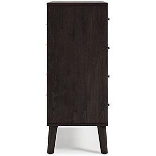 The perfect marriage of simple and contemporary style, the Piperton chest of drawers is a charming addition to your home. It sports an expressive two-tone look, with a dark charcoal finish over replicated oak grain with an authentic touch and a replicated sugarberry wood grain. Ball bearing glides offer smooth opening and closing of the drawers, while matte black knobs and splay legs add a finishing touch.Made of engineered wood (MDF/particleboard) and decorative laminate | Two-toned with dark charcoal finish over replicated oak grain and a replicated sugarberry wood grain | 4 smooth-gliding drawers with vinyl-wrapped sides and back | Matte black knobs | Splay legs | Safety is a top priority, clothing storage units are designed to meet the most current standard for stability, ASTM F 2057 (ASTM International) | Drawers extend out to accommodate maximum access while maintaining safety | Assembly required | Estimated Assembly Time: 50 Minutes