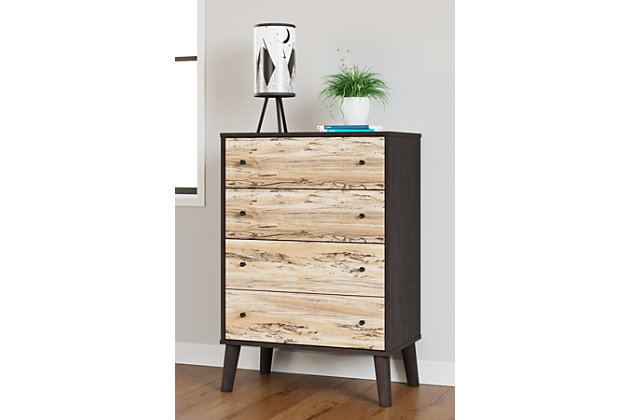 The perfect marriage of simple and contemporary style, the Piperton chest of drawers is a charming addition to your home. It sports an expressive two-tone look, with a dark charcoal finish over replicated oak grain with an authentic touch and a replicated sugarberry wood grain. Ball bearing glides offer smooth opening and closing of the drawers, while matte black knobs and splay legs add a finishing touch.Made of engineered wood (MDF/particleboard) and decorative laminate | Two-toned with dark charcoal finish over replicated oak grain and a replicated sugarberry wood grain | 4 smooth-gliding drawers with vinyl-wrapped sides and back | Matte black knobs | Splay legs | Safety is a top priority, clothing storage units are designed to meet the most current standard for stability, ASTM F 2057 (ASTM International) | Drawers extend out to accommodate maximum access while maintaining safety | Assembly required | Estimated Assembly Time: 50 Minutes