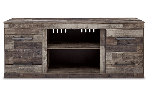 Make the Derekson 63-inch TV stand with fireplace option the center of attention with its popular urban eclectic style. Its rustic finish over a replicated pine grain creates an authentic natural look for your home entertainment area. You'll love its functionality. Open and closed-door storage with adjustable shelving accommodate media needs.Made of engineered wood and decorative laminate | Rustic butcher block finish over replicated pine grain with authentic touch | Pulls in gunmetal finish | Center open storage area | 2 side storage areas with cabinet doors | 3 adjustable/removable shelves | Cutouts for wire management | Compatible with W100-101 and W100-02 electric fireplace inserts | Assembly required | Estimated Assembly Time: 50 Minutes