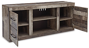 Make the Derekson 63-inch TV stand with fireplace option the center of attention with its popular urban eclectic style. Its rustic finish over a replicated pine grain creates an authentic natural look for your home entertainment area. You'll love its functionality. Open and closed-door storage with adjustable shelving accommodate media needs.Made of engineered wood and decorative laminate | Rustic butcher block finish over replicated pine grain with authentic touch | Pulls in gunmetal finish | Center open storage area | 2 side storage areas with cabinet doors | 3 adjustable/removable shelves | Cutouts for wire management | Compatible with W100-101 and W100-02 electric fireplace inserts | Assembly required | Estimated Assembly Time: 50 Minutes