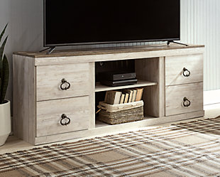 The Willowton TV stand is the ultimate statement piece for your coastal cottage or shabby chic inspired retreat. Whitewash finish is wonderfully easy on the eyes. Paired with the TV stand’s unique plank-style top, it’s a driftwoody look that has our minds drifting away to beachy-keen escapes.Made with engineered wood (MDF/particleboard) and decorative laminate | Replicated whitewash worn through paint | Top with replicated wood grained block pattern with an authentic touch | 2 drawers, 2 cubbies | Cutouts for wire management and ventilation | Assembly required | Estimated Assembly Time: 50 Minutes