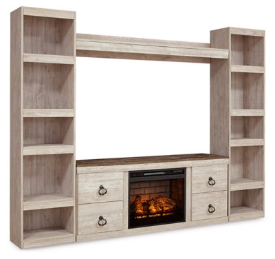 Willowton 4-Piece Entertainment Center with 60 TV Stand and Electric Fireplace Insert, Whitewash