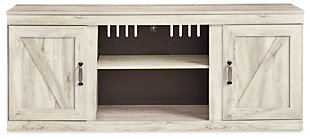 Express your modern farmhouse style with the Bellaby TV stand with fireplace option. Wispy white finish over replicated oak wood grain is a delightful change from the ordinary. Clean-lined, classic styling with barn door inspiration provides a country chic aesthetic that’s a breath of fresh air.Made with engineered wood (MDF/particleboard) and decorative laminate | Wispy white finish over replicated oak grain with authentic touch | One open storage area and 2 single-door storage areas (each with adjustable/removable shelf) | Cutouts for wire management and ventilation | Compatible with W100-02 and W100-101 LED fireplace inserts (sold separately) | Assembly required | Estimated Assembly Time: 50 Minutes