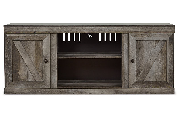 The Wynnlow TV stand is sure to win your heart with its daring take on modern rustic design. Its crisp, clean minimalist-chic profile is enriched with a striking replicated oak grain, thick plank styling and a rustic gray finish for that much more authentic character. Crossbuck detailing adds a brilliant barn door inspired touch. Opt for the optional fireplace insert (sold separately) for added warmth.Made with engineered wood (MDF/particleboard) and decorative laminate | Rustic gray planked replicated oak grain with authentic touch | 2 storage cabinets and 1 open display space (each with a removable/adjustable shelf) | Dark bronze-tone hardware | Cutouts for wire management and ventilation | Compatible with W100-02 and W100-101 LED fireplace inserts (sold separately) | Assembly required | Estimated Assembly Time: 50 Minutes