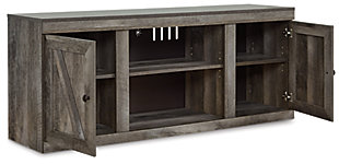 The Wynnlow TV stand is sure to win your heart with its daring take on modern rustic design. Its crisp, clean minimalist-chic profile is enriched with a striking replicated oak grain, thick plank styling and a rustic gray finish for that much more authentic character. Crossbuck detailing adds a brilliant barn door inspired touch. Opt for the optional fireplace insert (sold separately) for added warmth.Made with engineered wood (MDF/particleboard) and decorative laminate | Rustic gray planked replicated oak grain with authentic touch | 2 storage cabinets and 1 open display space (each with a removable/adjustable shelf) | Dark bronze-tone hardware | Cutouts for wire management and ventilation | Compatible with W100-02 and W100-101 LED fireplace inserts (sold separately) | Assembly required | Estimated Assembly Time: 50 Minutes