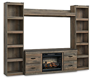 Entertain a rugged yet refined sense of style with the Trinell entertainment center. Rustic finish and plank-style details pay homage to reclaimed barn wood, while faux metal banding with nailhead accents infuses a touch of industrial cool. Ultra clean lines ensure a look that can go from the country to the city and feel equally at home. What really turns up the heat: an electric infrared fireplace insert with faux firebrick surround that operates with or without infrared heat and includes a multi flame feature, 7-level temperature setting, five brightness levels and LED glowing embers effect.Includes 2 tall piers, bridge, TV stand and fireplace insert (W100-101) | Made of engineered wood and decorative laminate | Warm rustic plank finish replicated oak grain and authentic touch | Each pier with 4 open shelves  | Dark bronze-tone hardware | TV stand with open storage area and 2 single-door storage areas (each with adjustable/removable shelf) and cutouts for wire management | Fireplace provides up to 5386 BTU/1500W and warms up to 1,000 square feet (heats larger rooms) | 7-level temperature setting, multi flame system, 5 brightness levels and LED glowing embers effect | LED flame operates with or without infrared heat | Remote control with LED display | Programmable timer will turn off the unit after a set period of time | UL Listed; power cord included | Assembly required | Estimated Assembly Time: 160 Minutes