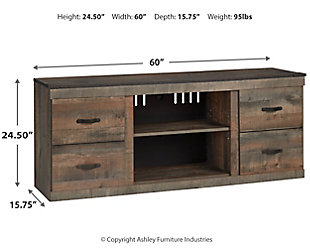 Entertain a rugged yet refined sense of style with the Trinell TV stand. Rustic finish and plank-style details pay homage to reclaimed barn wood, while faux metal banding with nailhead accents infuses a touch of industrial cool. Ultra clean lines ensure a look that can go from the country to the city and feel equally at home. Opt for the optional fireplace insert (sold separately) for added warmth.Made with engineered wood (MDF/particleboard) and decorative laminate | Warm rustic plank finish replicated oak grain and authentic touch | 2 storage cabinets (each with an adjustable shelf) and removable/adjustable center shelf | Dark bronze-tone hardware | Cutouts for wire management and ventilation | Compatible with W100-02 and W100-101 LED fireplace inserts (sold separately) | Assembly required | Estimated Assembly Time: 50 Minutes