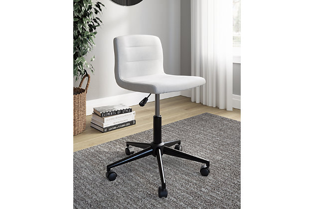 The finishing touch to any home office, the contemporary Beauenali office chair offers comfort and style. This chair features a cushioned seat and backrest with channeled details. Casters deliver effortless mobility, while the adjustable height mechanism allows you to find your ultimate comfort position. Upholstered in stone-colored woven polyester, this chair pairs perfectly with any space. Metal frame with adjustable height mechanism | Casters for mobility | Cushioned seat and backrest | Channeled details | Upholstered in woven polyester in stone color | Assembly required | Estimated Assembly Time: 15 Minutes