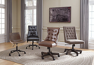 Working an ultra-cool sense of style just got a whole lot easier thanks to this swivel home office desk chair. Upholstered bucket seat covered in a vintage brown faux leather merges mid-century flair with modern comfort.Smooth 360-degree swivel | Metal and plastic base | Casters for easy movement | Faux leather upholstery | Adjustable seat height | Assembly required | Estimated Assembly Time: 15 Minutes