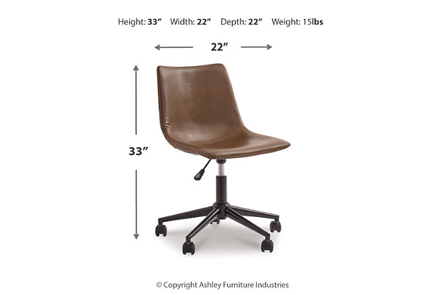 Working an ultra-cool sense of style just got a whole lot easier thanks to this swivel home office desk chair. Upholstered bucket seat covered in a vintage brown faux leather merges mid-century flair with modern comfort.Smooth 360-degree swivel | Metal and plastic base | Casters for easy movement | Faux leather upholstery | Adjustable seat height | Assembly required | Estimated Assembly Time: 15 Minutes