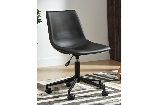 Working an ultra-cool sense of style just got a whole lot easier thanks to this swivel home office desk chair. Upholstered bucket seat covered in a black faux leather merges mid-century flair with modern comfort.Faux leather upholstery | Metal and plastic base | Casters for easy mobility | Adjustable seat height | Assembly required | Estimated Assembly Time: 15 Minutes