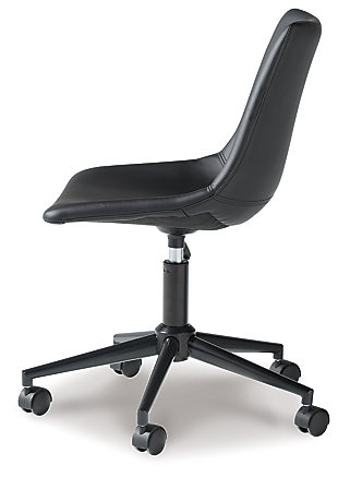 Working an ultra-cool sense of style just got a whole lot easier thanks to this swivel home office desk chair. Upholstered bucket seat covered in a black faux leather merges mid-century flair with modern comfort.Faux leather upholstery | Metal and plastic base | Casters for easy mobility | Adjustable seat height | Assembly required | Estimated Assembly Time: 15 Minutes
