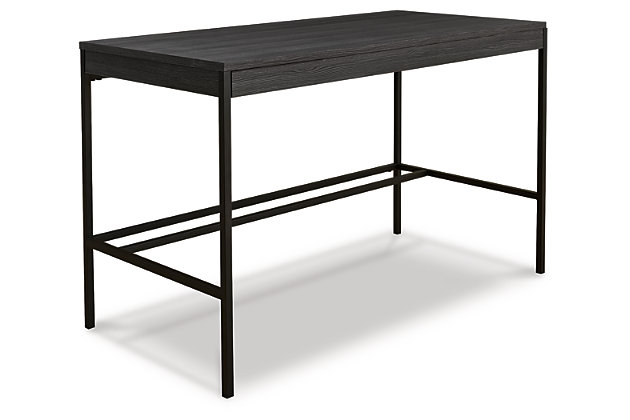 Elevate your home office with the simply sensational Yarlow home office desk. Pairing a dark wood grain look with tubular black metal base for modern appeal, this minimalistic desk with ample work space is dressed to impress in a no-muss, no-fuss way.Dark decorative wood grain laminate over engineered wood | Black matte metal legs | Stretcher styling | Assembly required | Estimated Assembly Time: 30 Minutes
