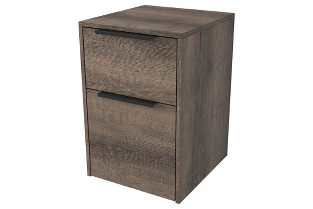 Clean-lined and contemporary—but far from stark—the Arlenbry home office file cabinet is a fresh style awakening. Sleek scale makes it a natural fit for smaller spaces. Effortlessly combining modern farmhouse design with urban attitude, the replicated weathered oak grain plays perfectly with the chic yet earthy aesthetic.Made of decorative laminate and engineered wood | Replicated weathered oak grain finish | 2 smooth-operating file drawers with ball bearing side glides | Modern metal drawer pulls | Assembly required | Estimated Assembly Time: 60 Minutes