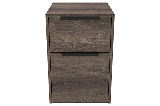 Clean-lined and contemporary—but far from stark—the Arlenbry home office file cabinet is a fresh style awakening. Sleek scale makes it a natural fit for smaller spaces. Effortlessly combining modern farmhouse design with urban attitude, the replicated weathered oak grain plays perfectly with the chic yet earthy aesthetic.Made of decorative laminate and engineered wood | Replicated weathered oak grain finish | 2 smooth-operating file drawers with ball bearing side glides | Modern metal drawer pulls | Assembly required | Estimated Assembly Time: 60 Minutes
