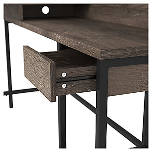 Clean-lined and contemporary—but far from stark—the Arlenbry L-desk with hutch is a fresh style awakening. Sleek scale makes it a natural fit for smaller spaces. Effortlessly combining modern farmhouse design with urban attitude, the replicated weathered oak grain plays perfectly with the chic yet earthy aesthetic.Made of decorative laminate, engineered wood and metal | Replicated weathered oak grain | L-desk includes desk with drawer and shelf, hutch with display shelf and return | Convenient cubby for additional storage | Metal frame with black finish | Designed for easy cord management | Assembly required | Estimated Assembly Time: 120 Minutes