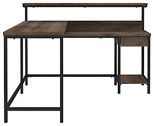 Clean-lined and contemporary—but far from stark—the Arlenbry L-desk with hutch is a fresh style awakening. Sleek scale makes it a natural fit for smaller spaces. Effortlessly combining modern farmhouse design with urban attitude, the replicated weathered oak grain plays perfectly with the chic yet earthy aesthetic.Made of decorative laminate, engineered wood and metal | Replicated weathered oak grain | L-desk includes desk with drawer and shelf, hutch with display shelf and return | Convenient cubby for additional storage | Metal frame with black finish | Designed for easy cord management | Assembly required | Estimated Assembly Time: 120 Minutes