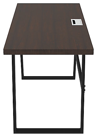 Whether you lean towards modern farmhouse or urban industrial design, the clean-lined profile of the Camiburg desk is an essential component to any well-equipped home office. Sleek and slim, it’s just enough furniture to complete your space without overloading your look.Made of engineered wood and decorative laminate | Replicated rough-sawn wood grain | Frame with powder coated black finish | Designed for easy cord management | Assembly required | Estimated Assembly Time: 15 Minutes