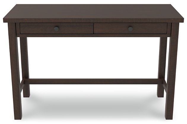 Whether you lean towards modern farmhouse or urban industrial design, the clean-lined profile of the Camiburg 2-drawer desk is an essential component to any well-equipped home office. Sleek and slim, it’s just enough furniture to complete your space without overloading your look.Made of engineered wood and laminated paper | Replicated rough-sawn wood grain | 2 smooth-operating drawers with ball bearing side glides | Designed for easy cord management | Assembly required | Estimated Assembly Time: 15 Minutes