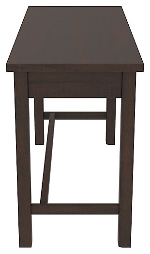 Whether you lean towards modern farmhouse or urban industrial design, the clean-lined profile of the Camiburg 2-drawer desk is an essential component to any well-equipped home office. Sleek and slim, it’s just enough furniture to complete your space without overloading your look.Made of engineered wood and decorative laminate | Replicated rough-sawn wood grain | 2 smooth-operating drawers with ball bearing side glides | Designed for easy cord management | Assembly required | Estimated Assembly Time: 15 Minutes