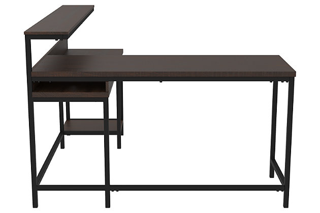 Whether you lean towards modern farmhouse or urban industrial design, the clean-lined profile of the Camiburg L-desk with hutch is an essential component to any well-equipped home office. Sleek and slim, it’s just enough furniture to complete your space without overloading your look.Made of decorative laminate over engineered wood and metal | Replicated rough-sawn wood grain | Metal frame with black finish | L-desk includes desk with drawer and shelf, hutch with display shelf and return | Convenient cubby for additional storage | Designed for easy cord management | Assembly required | Estimated Assembly Time: 120 Minutes