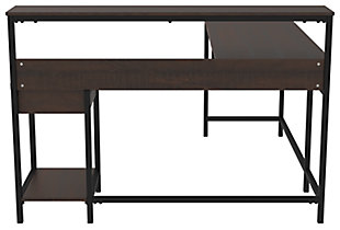 Whether you lean towards modern farmhouse or urban industrial design, the clean-lined profile of the Camiburg L-desk with hutch is an essential component to any well-equipped home office. Sleek and slim, it’s just enough furniture to complete your space without overloading your look.Made of decorative laminate over engineered wood and metal | Replicated rough-sawn wood grain | Metal frame with black finish | L-desk includes desk with drawer and shelf, hutch with display shelf and return | Convenient cubby for additional storage | Designed for easy cord management | Assembly required | Estimated Assembly Time: 120 Minutes