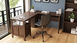 Whether you lean towards modern farmhouse or urban industrial design, the clean-lined profile of the Camiburg L-desk with hutch is an essential component to any well-equipped home office. Sleek and slim, it’s just enough furniture to complete your space without overloading your look.Made of engineered wood and decorative laminate | Replicated rough-sawn wood grain | L-desk includes desk with drawer and shelf, hutch with display shelf and return | Convenient cubby for additional storage | Designed for easy cord management | Assembly required | Estimated Assembly Time: 80 Minutes