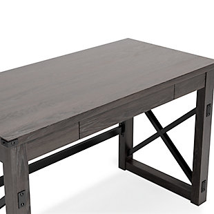 Love an urban farmhouse aesthetic? Make it work to your advantage with the beautifully styled Freedan desk. This simply striking choice in home office furniture has an unmistakable farmhouse feel thanks to design elements including a gray decorative wood grain laminate contrasted with cross-buck rails, metal accents and a stretcher in black. Perfect for office supplies, the desk includes a handy center drawer with hardware-less aesthetic to help keep your desk top clutter free.Made of engineered wood and decorative laminate | Replicated gray wood grain | Cross-buck rails, metal accents and stretcher in contrasting black iron tone | Center drawer with metal ball bearing slide glides | Assembly required | Estimated Assembly Time: 60 Minutes