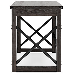 Love an urban farmhouse aesthetic? Make it work to your advantage with the beautifully styled Freedan desk. This simply striking choice in home office furniture has an unmistakable farmhouse feel thanks to design elements including a gray decorative wood grain laminate contrasted with cross-buck rails, metal accents and a stretcher in black. Perfect for office supplies, the desk includes a handy center drawer with hardware-less aesthetic to help keep your desk top clutter free.Made of engineered wood and decorative laminate | Replicated gray wood grain | Cross-buck rails, metal accents and stretcher in contrasting black iron tone | Center drawer with metal ball bearing slide glides | Assembly required | Estimated Assembly Time: 60 Minutes